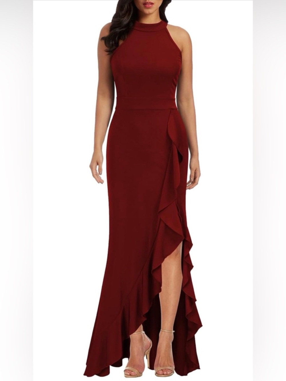 Bridesmaid or Cocktail Sleeveless High-Neck Ruffle Maxi Dress - Burgundy